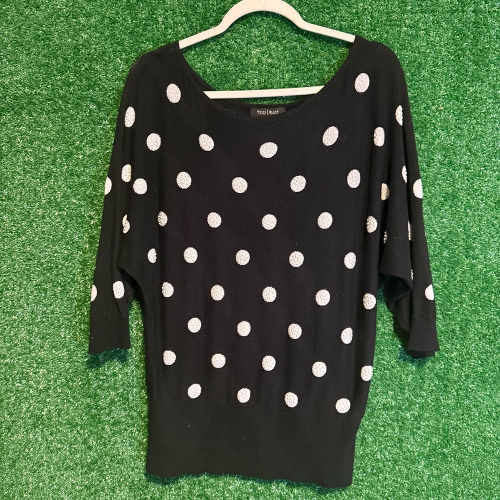 White House Black Market Polka Dot Sweater with Pearl Detail Dolman Sleeve Knit